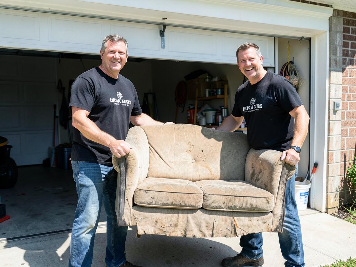 Two ABCD Junk Removal owners carrying an old couch out of a garage