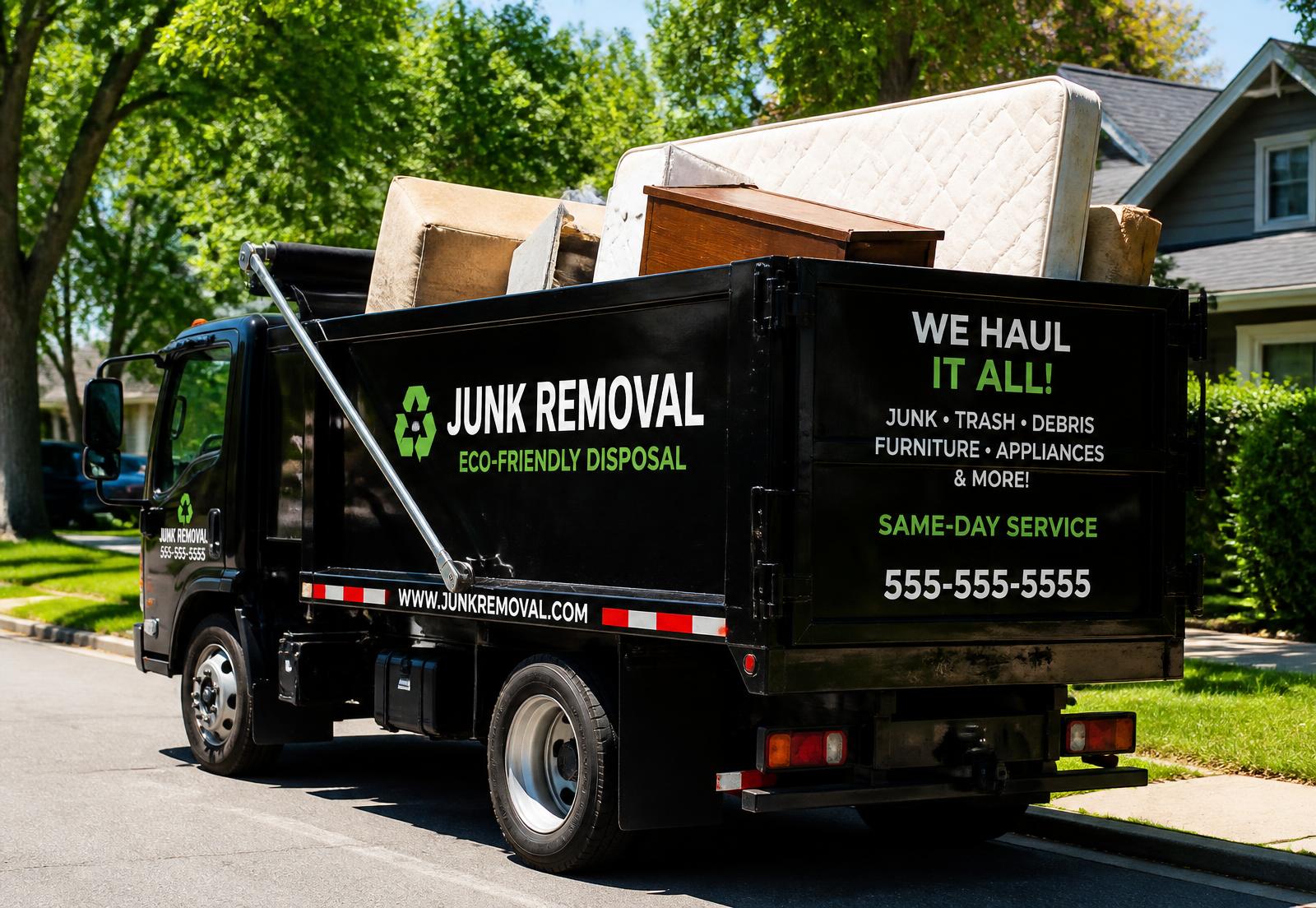 ABCD Junk Removal dump truck loaded with old furniture in a driveway